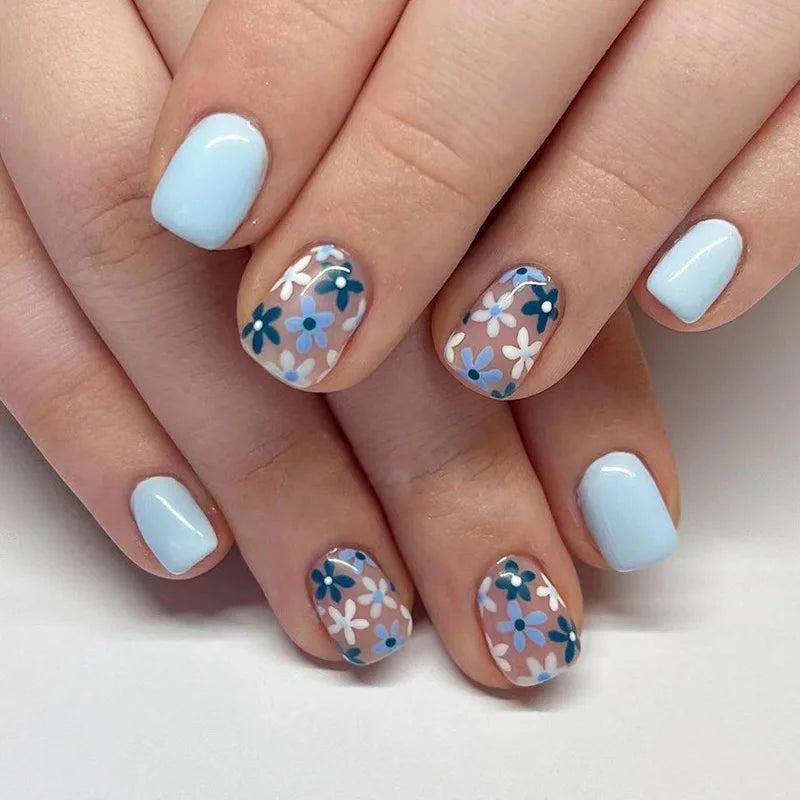 24Pcs Short Retro Flower Design Nails Art Manicure Pink False Nails Wearable Square Fake Nails Press on Full Cover Nail Tips 209