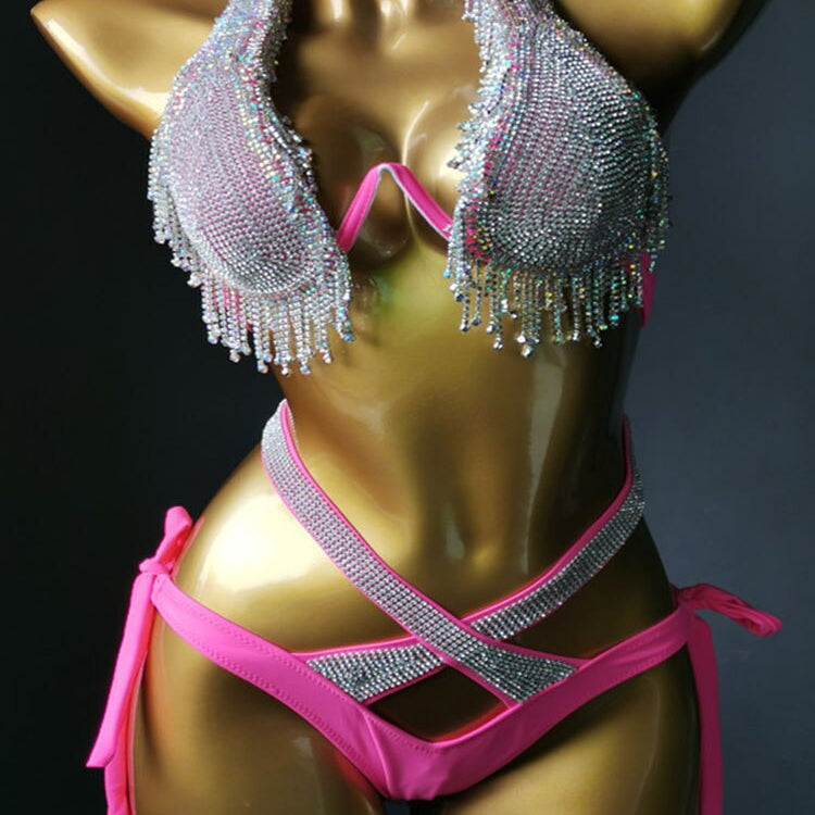 Swimwear Bikini Sets Swimsuit 2024 Summer Beach Shiny Crystal Rhinestone Padded Push Up Bikinis Set Outfits For Women Rose Red 4