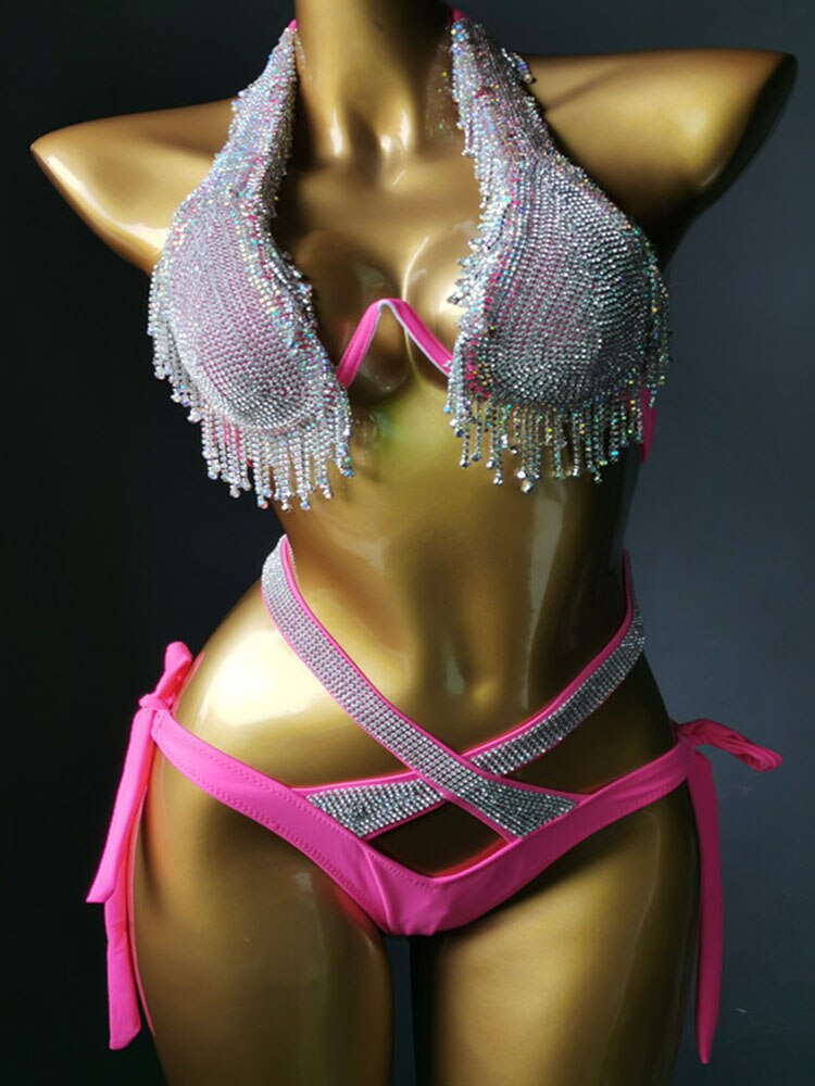 Swimwear Bikini Sets Swimsuit 2024 Summer Beach Shiny Crystal Rhinestone Padded Push Up Bikinis Set Outfits For Women Rose Red 4