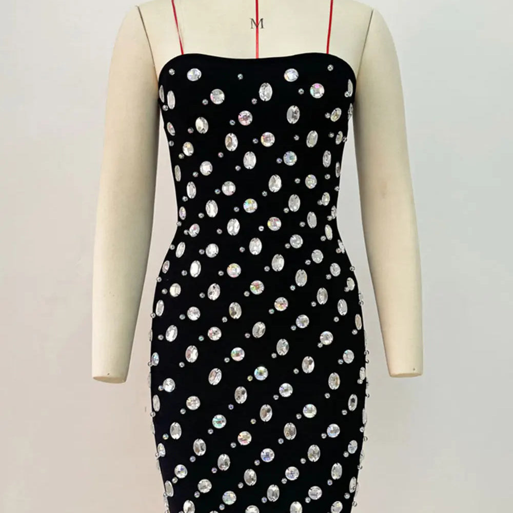 2025 Spring Sexy Women's Light Luxury Nail Bead Bandage Dress Strapless Sleeveless Bodycon Bareback Mini Dresses Party Vestidos