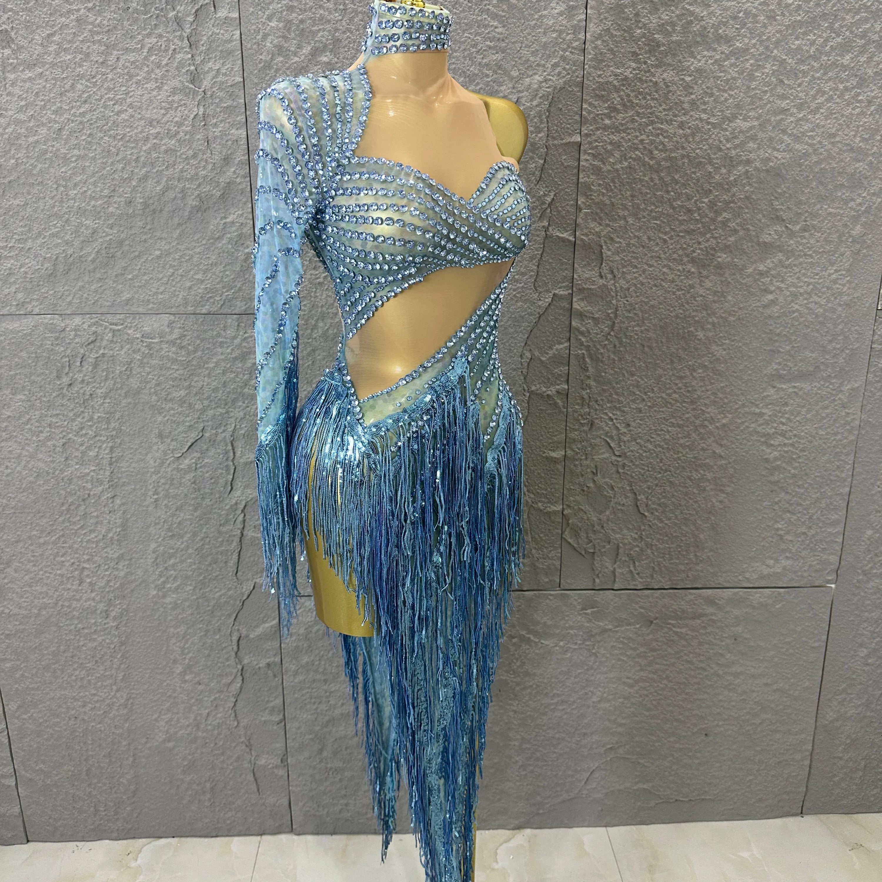 Glamorous Sky Blue One Shoulder Crystal Beaded Asymmetrical Tassel Dress Evening Birthday Nightclub Dance Banquet Outfit