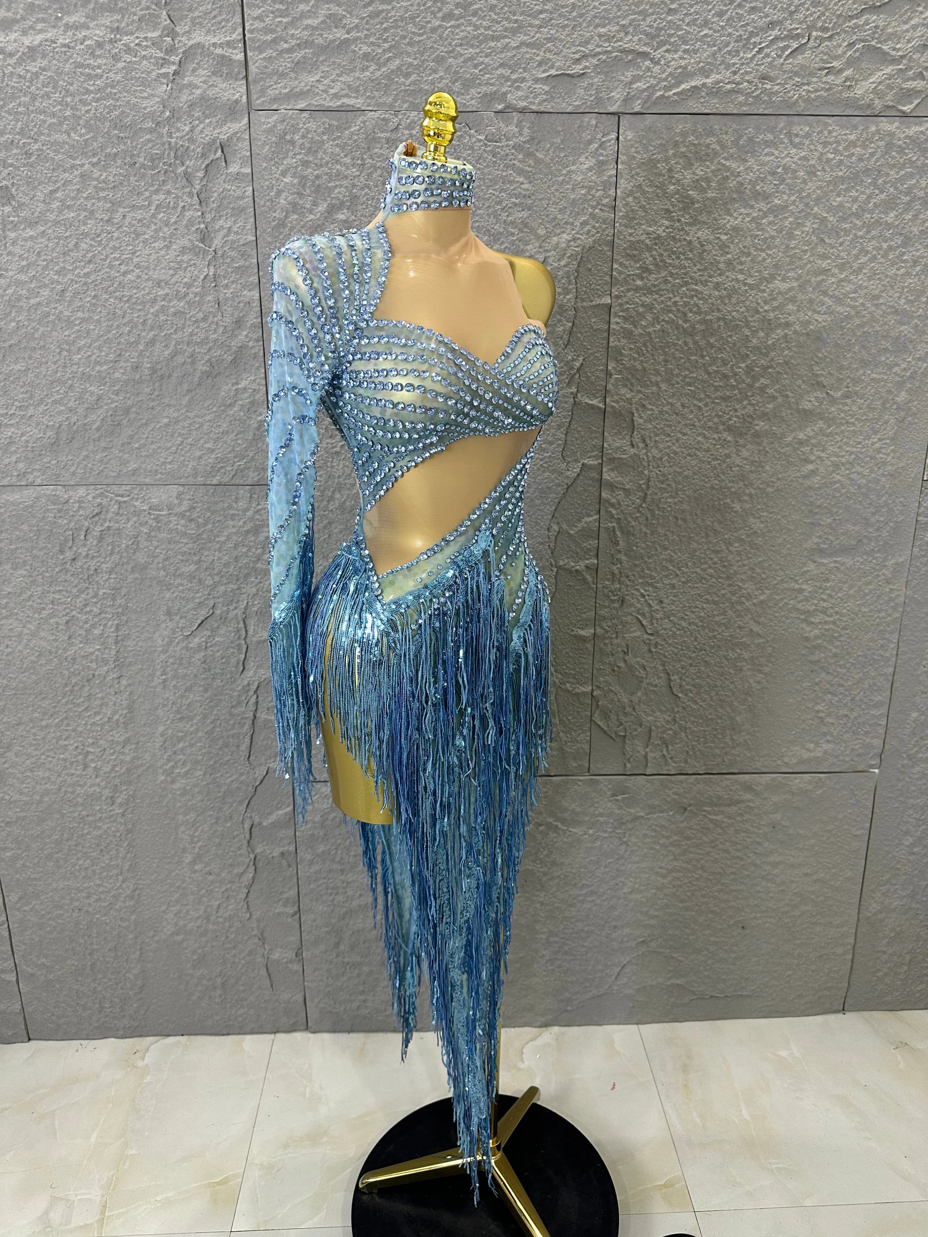 Glamorous Sky Blue One Shoulder Crystal Beaded Asymmetrical Tassel Dress Evening Birthday Nightclub Dance Banquet Outfit