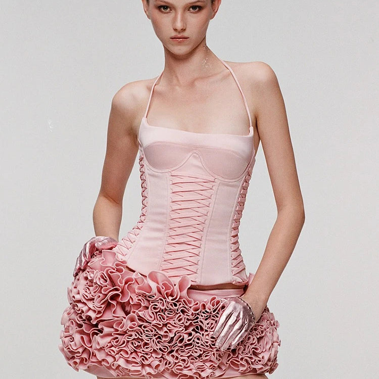 Dreamy Adorable Pastel Pink Two-Piece Set Dress Halter Corset Top and Ruffled Mini Skirt for Trendy Occasions Evening Gown