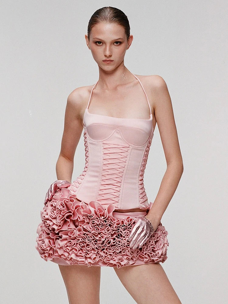 Dreamy Adorable Pastel Pink Two-Piece Set Dress Halter Corset Top and Ruffled Mini Skirt for Trendy Occasions Evening Gown