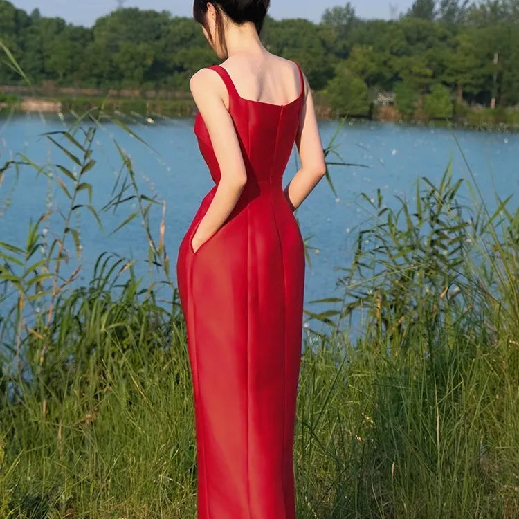 Lautaro Spring Summer Autumn Praty Birthday Evening Dresses Woman Elegant Luxury Red Prom Spaghetti Strap Satin Maxi Dress 2025