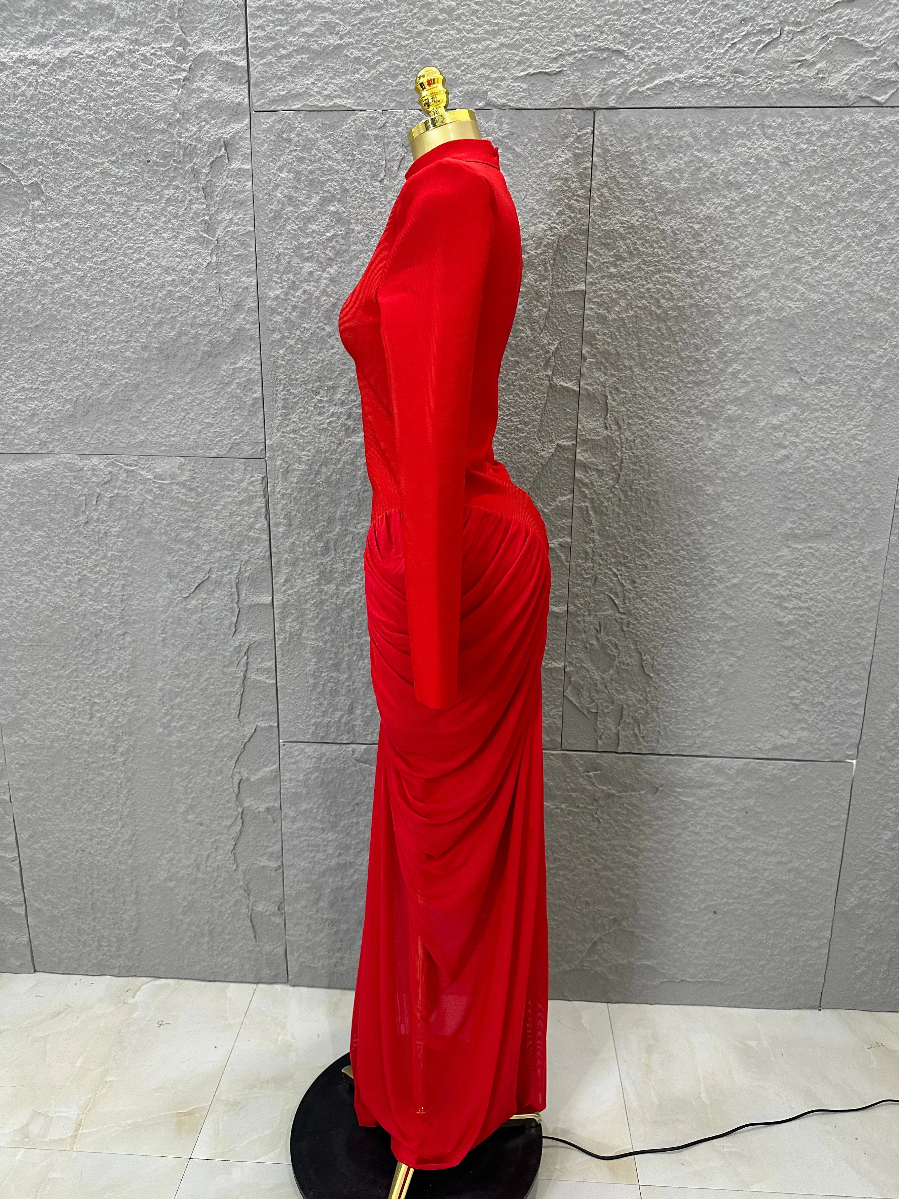 Glamorous Red Long Sleeve Maxi Dress Women High Neck Ruched Draped Bodycon Nightclub Outfit Cocktail Party Costume