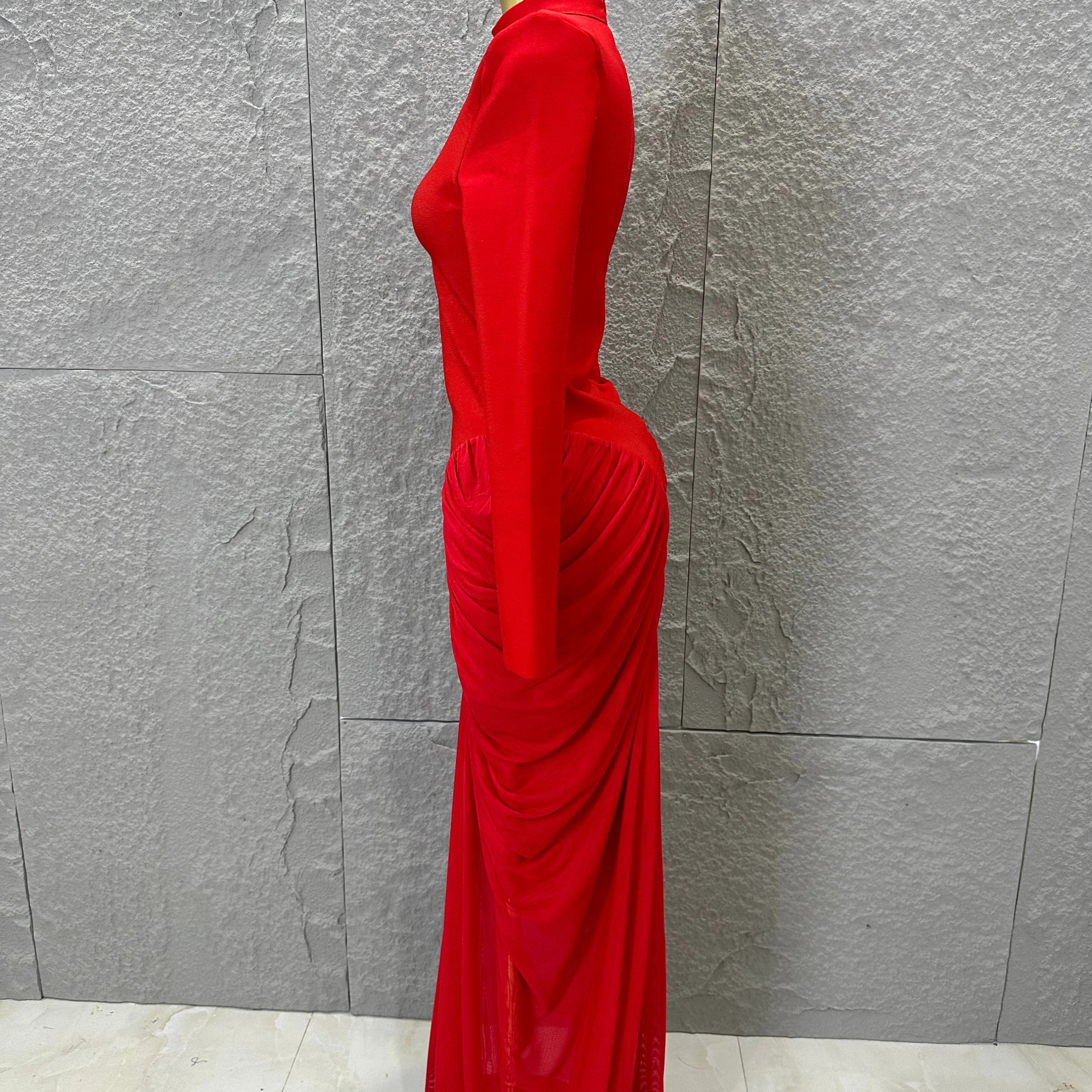 Glamorous Red Long Sleeve Maxi Dress Women High Neck Ruched Draped Bodycon Nightclub Outfit Cocktail Party Costume