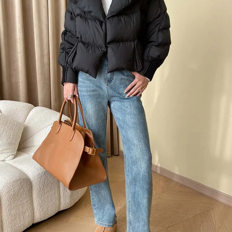 Luxury Design pockets zipper cropped down jacket for women Winter Warm Knit patchwork puffer coat Oversize INKEO DJ054