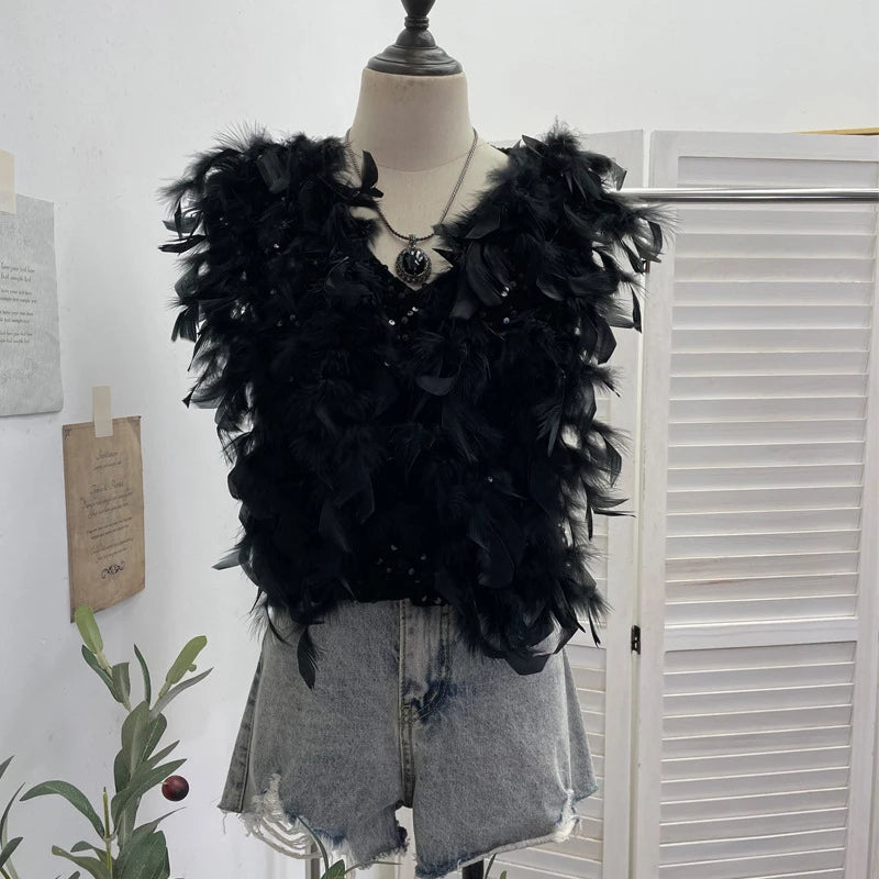 Autumn Winter New Fashion Design Heavy Industry Feather Shiny Sequin Patchwork Velvet Vest Women's Short Top 11A07916