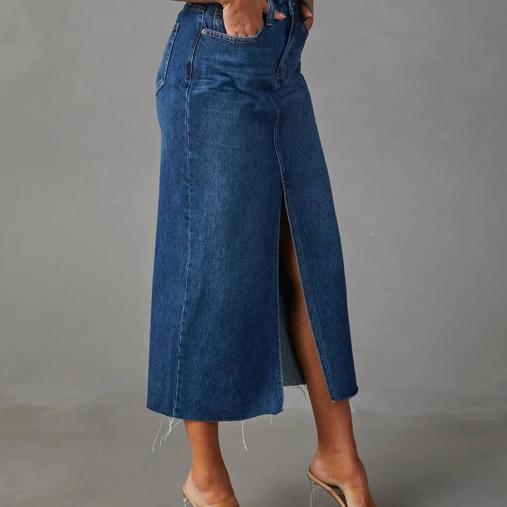 Vintage Y2k Blue Skirt Pocket Jeans Tassel Maxi Spring Autumn Slit Stretch Denim Club E-girl Streetwear Skirts Maxi Long Skirt Blue