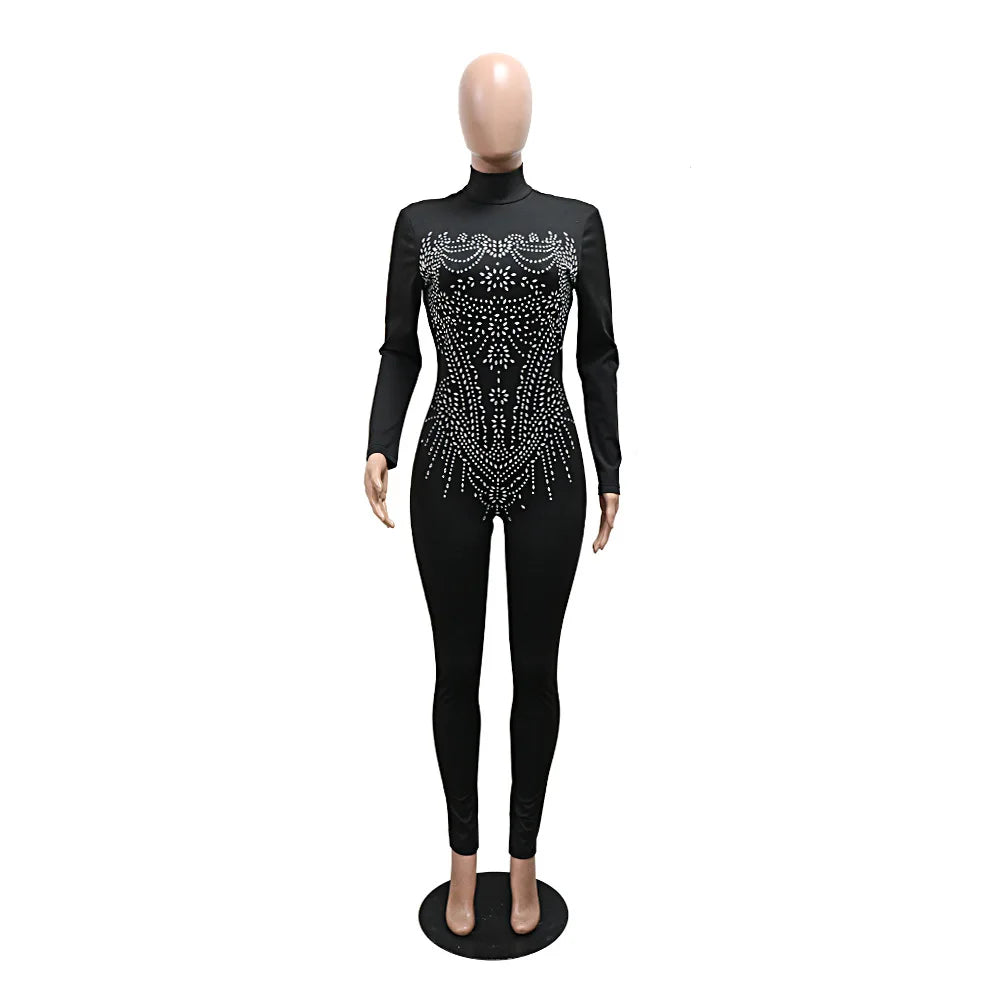 Full Sleeve Women Turtleneck Jumpsuits Diamonds Hot Rhinestones Rompers One Piece Sexy Pencil Night Club Party Outfits