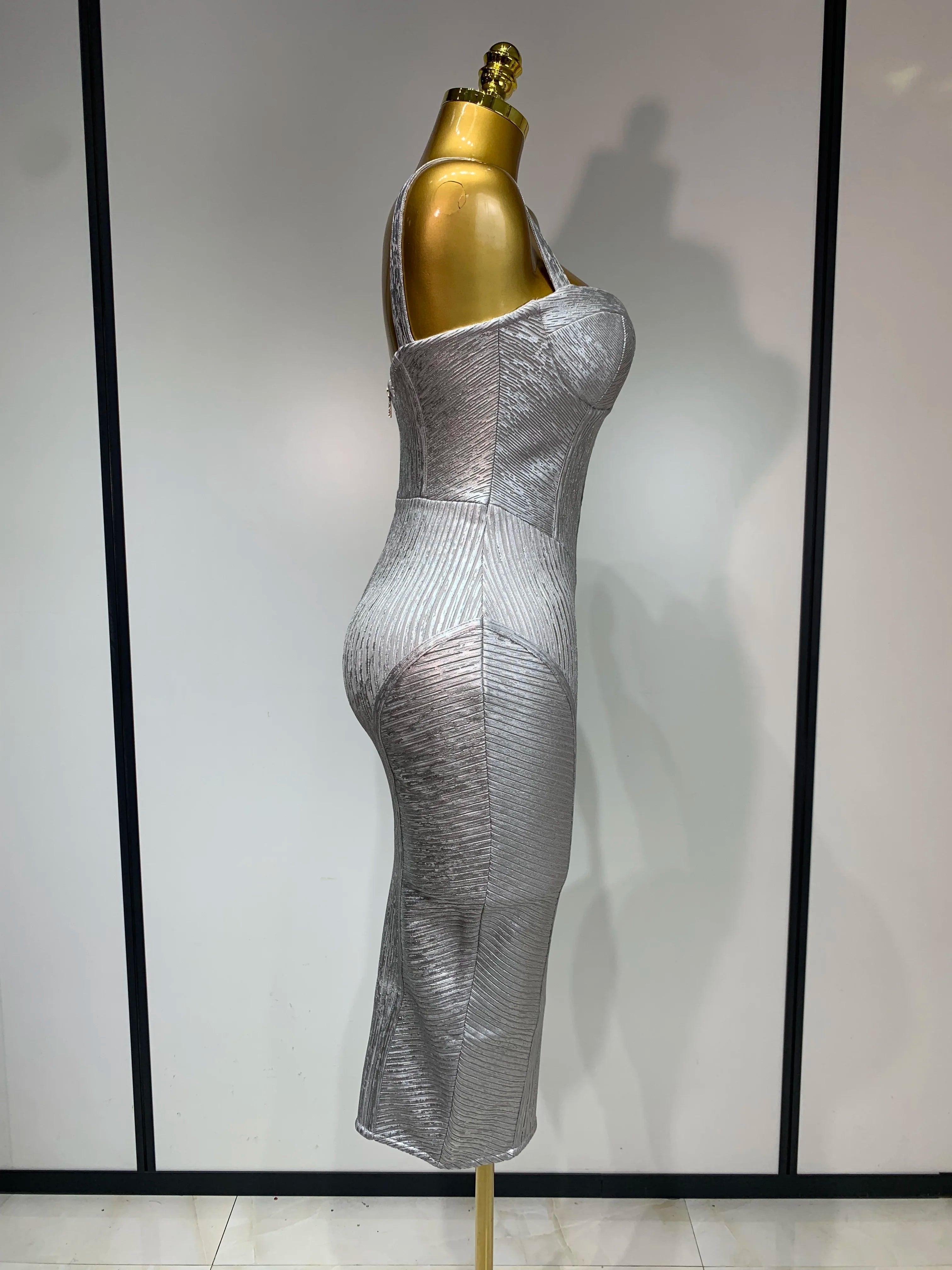 Women Sleeveless Sexy Silver V Neck Bodycon Midi Bandage Dress Celebrate Nightclub Party Birthday Dress Wedding Guest Dress