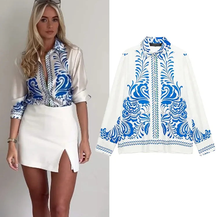 TRAFZA Women Suits Print Turn-Down Collar Long Sleeves Single Breasted Casual Shirts+High Waist Pockets Zipper Wide Leg Pants