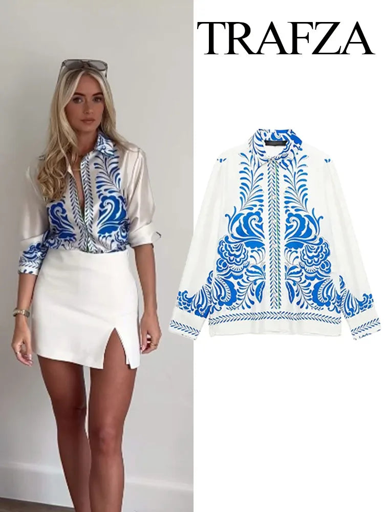 TRAFZA Women Suits Print Turn-Down Collar Long Sleeves Single Breasted Casual Shirts+High Waist Pockets Zipper Wide Leg Pants