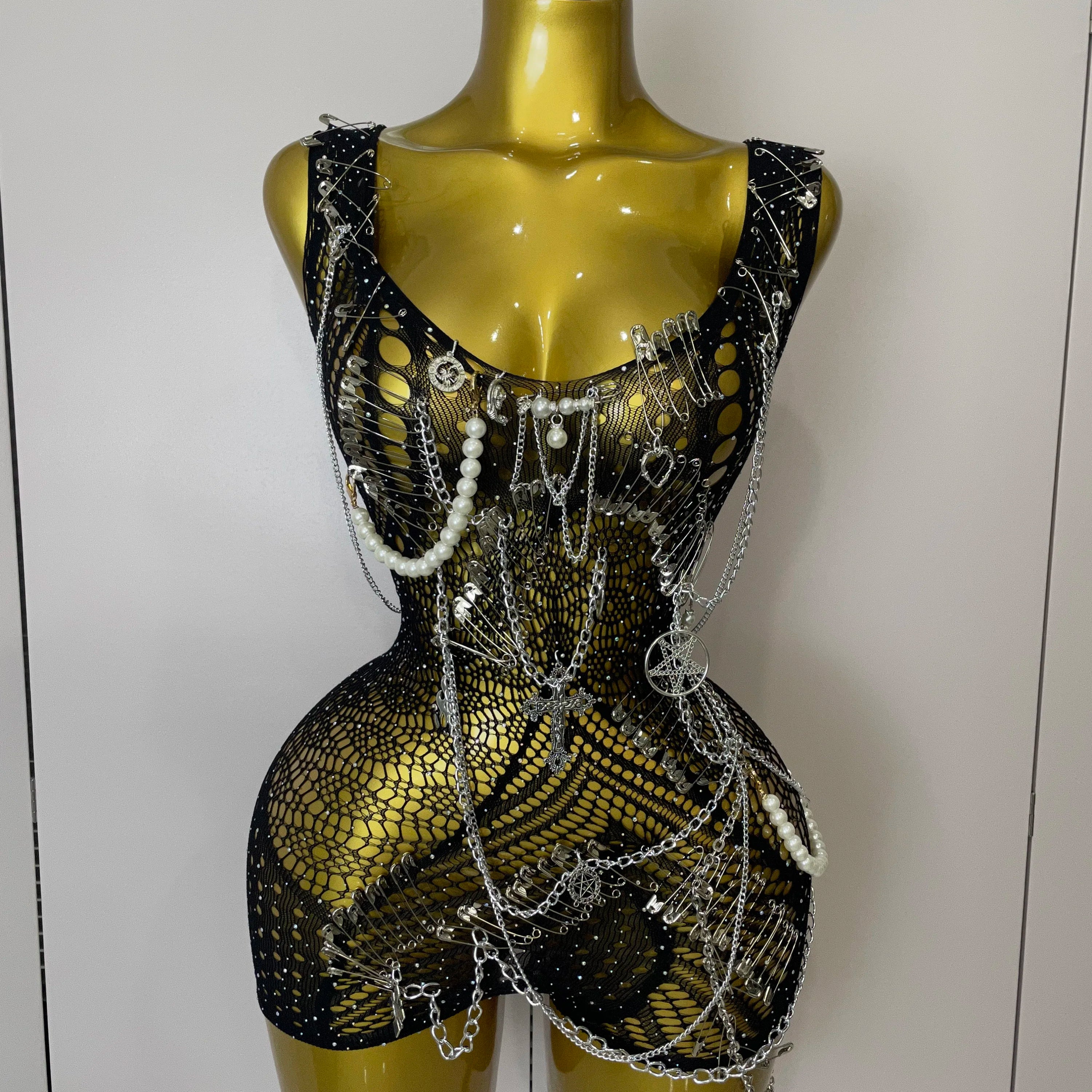 Women Sexy See-Through Bodysuit Black Pin Sheath Mini Dress Evening Birthday Party Nightclub Singer Dancer Performance Costume black