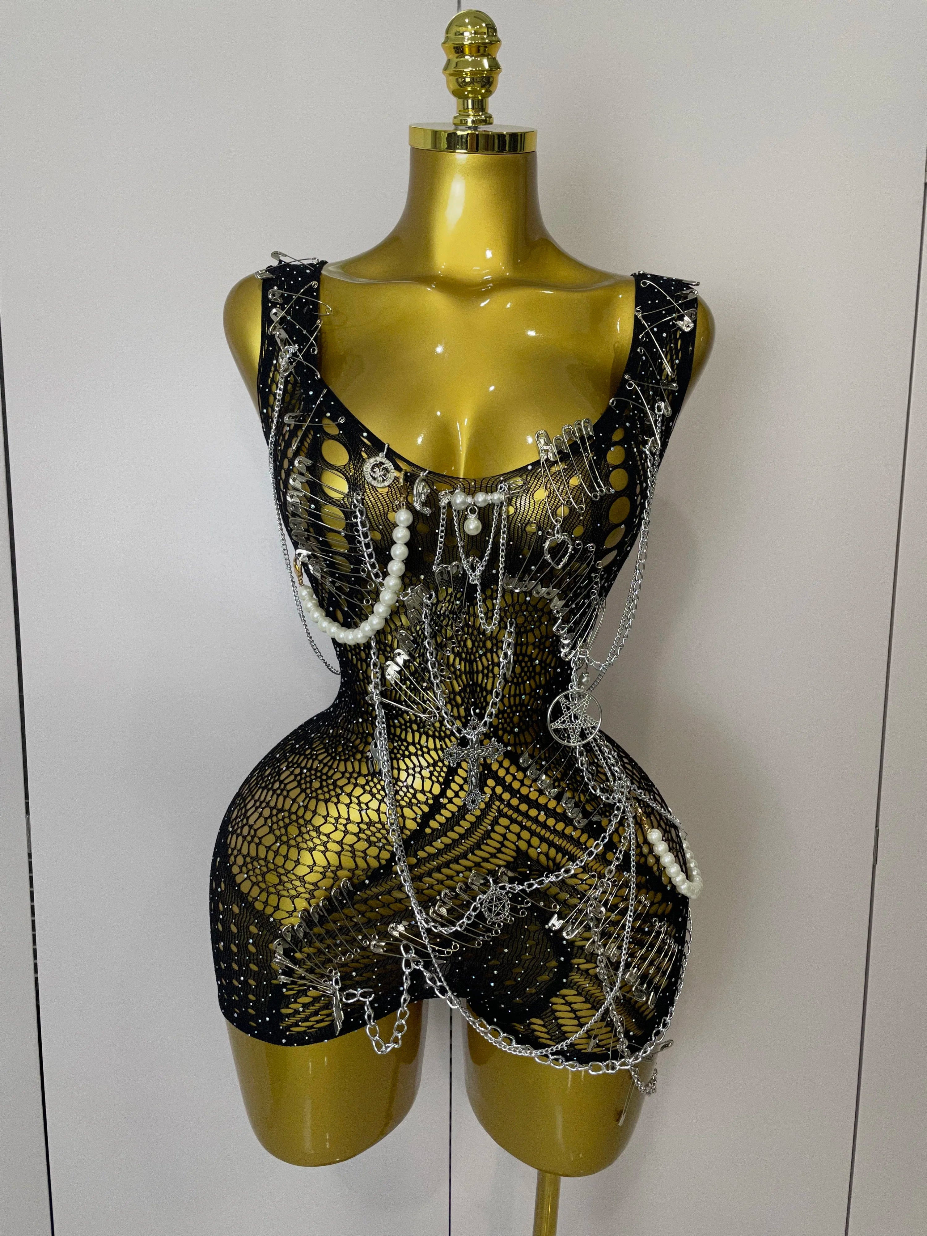 Women Sexy See-Through Bodysuit Black Pin Sheath Mini Dress Evening Birthday Party Nightclub Singer Dancer Performance Costume black