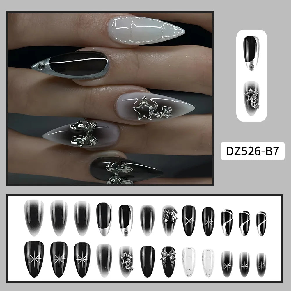 Black Cool Fake Nails Halloween Bat Press on Nails Almond Decorated Nail Tips Rivet Bow False Nails 24pcs Reusable Acrylic Nails 08