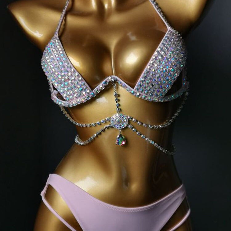 Swimwear Bikini Sets Swimsuit 2024 Summer Beach Shiny Crystal Rhinestone Padded Push Up Bikinis Set Outfits For Women Pink 3