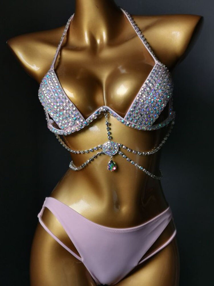 Swimwear Bikini Sets Swimsuit 2024 Summer Beach Shiny Crystal Rhinestone Padded Push Up Bikinis Set Outfits For Women Pink 3