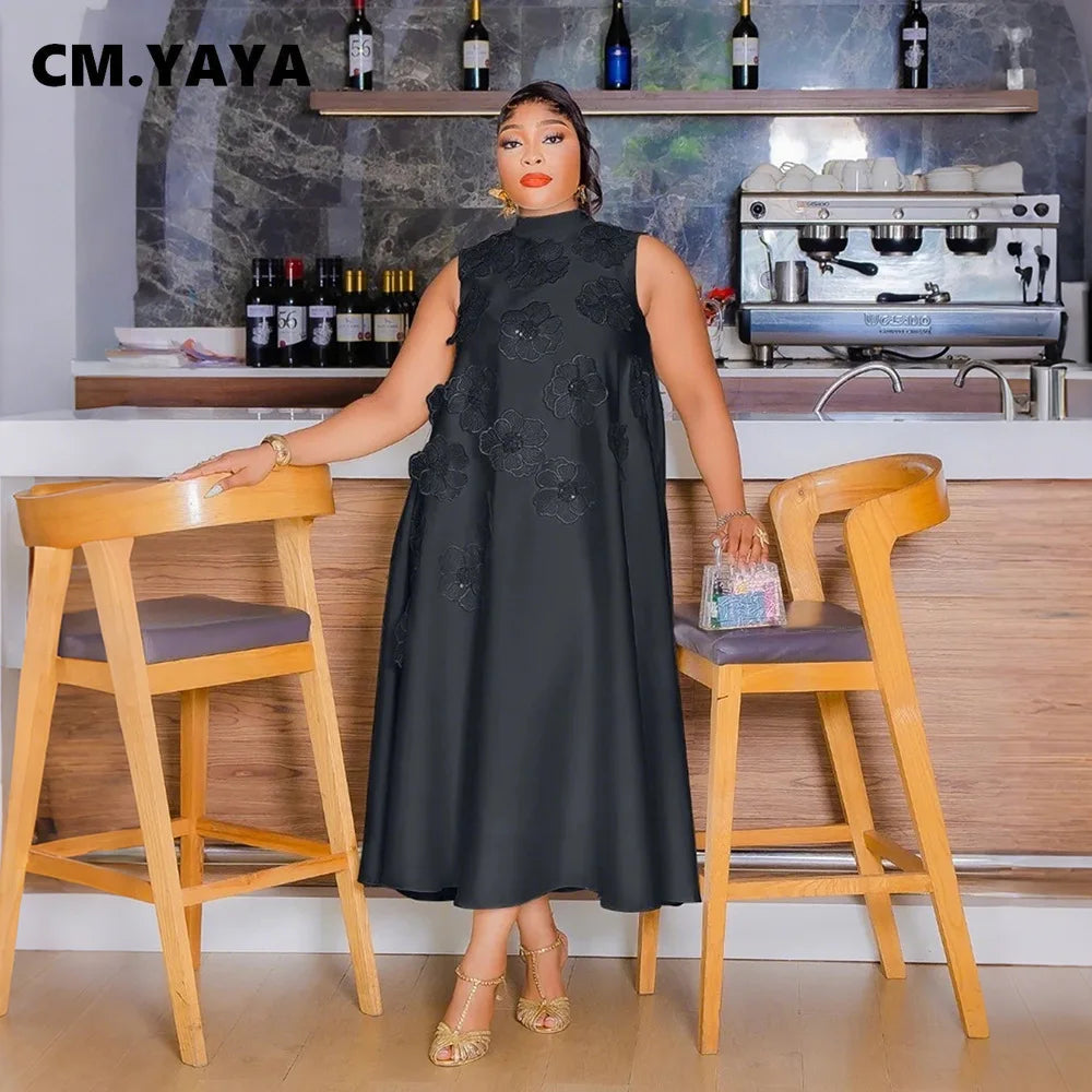 Elegant Women Sleeveless Loose 3D Flower O-neck Dress 2025 Summer Bodycon African Street Midi Maxi Long Dresses Vestidos