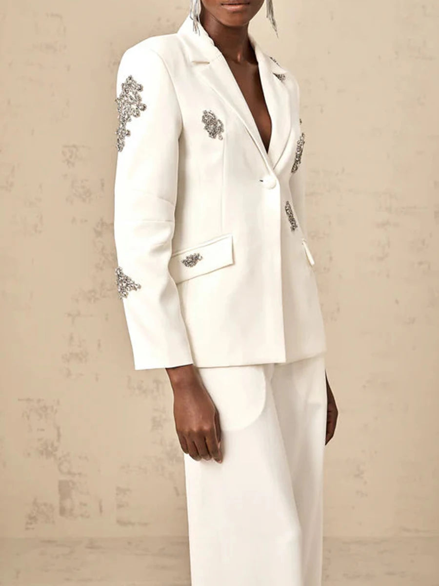 Solid Fashion Two Piece Set for Women Notched Spliced Pockets Blazer High Waist Wide Leg Pants Female Clothing New