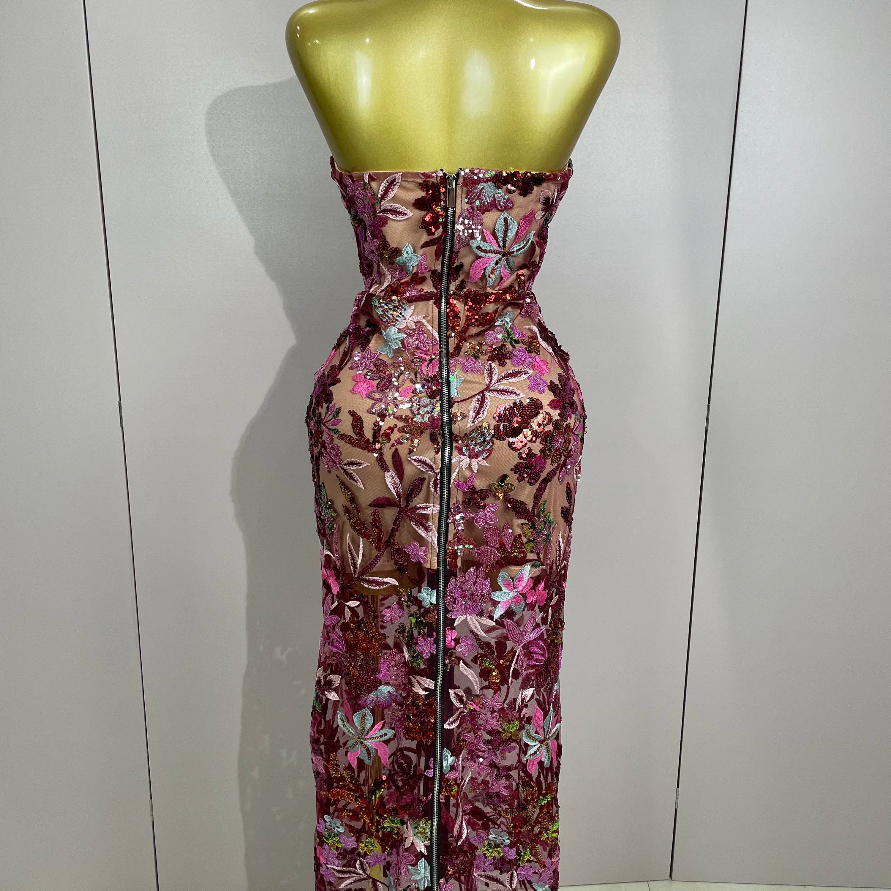 Sexy Strapless Floral Sequin Long Dress 2025 New Women Sequins Flower Backless Long Slim Dress Evening Party Runway Gown Dress