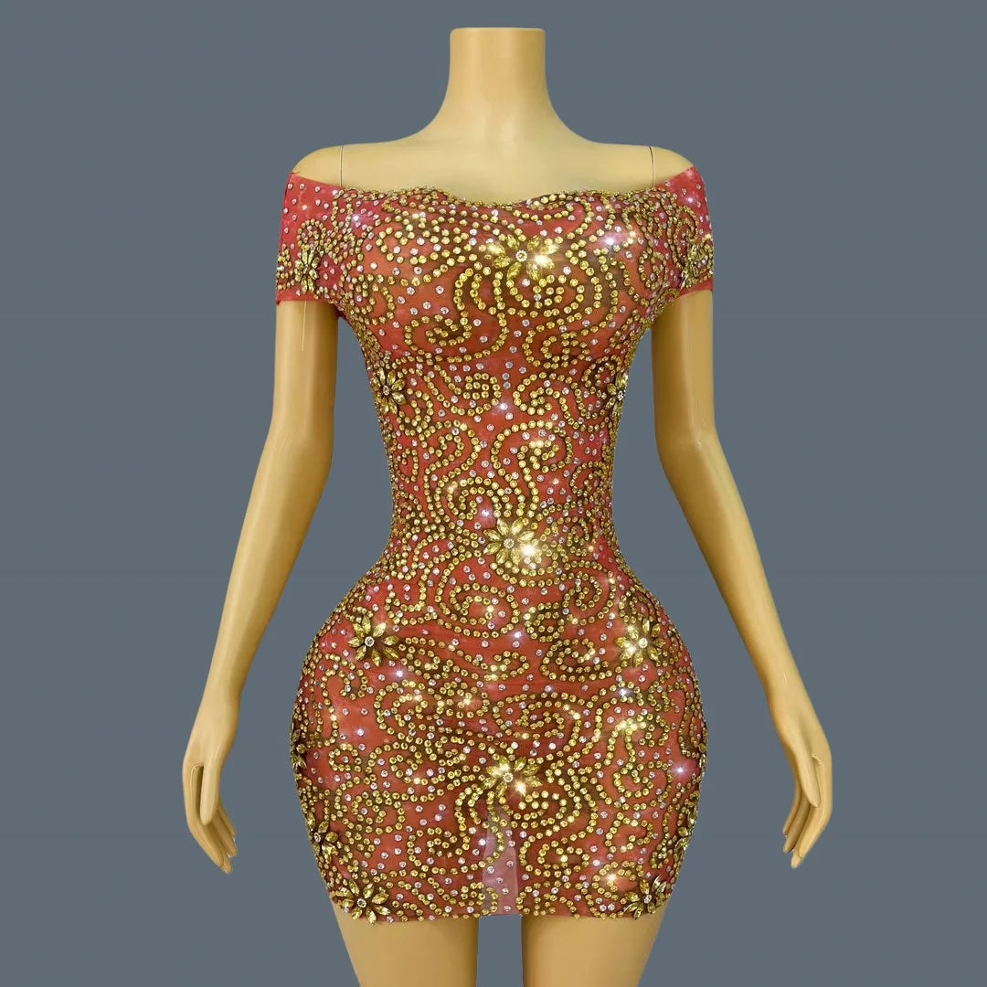 Sparkly Golden Rhinestone Strapless Sexy Mini Dress for Women Birthday Celebrate Party Ball Dress Luxury Dinners Wear Juhuami Orange