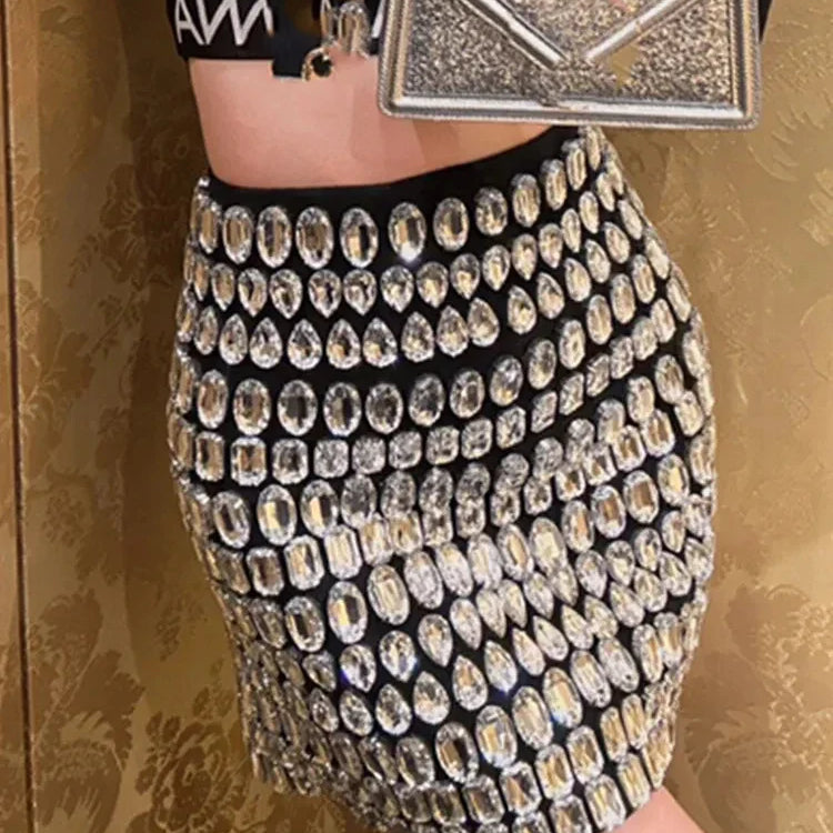 Women Celebrity Beading Rhinestone Black Mini Bodycon Bandage Skirt Designer High Waist Party Office Lady Elegant Skirt black
