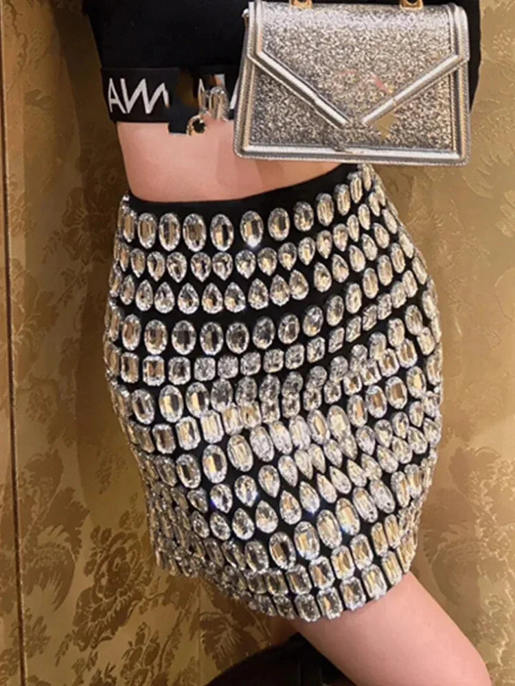 Women Celebrity Beading Rhinestone Black Mini Bodycon Bandage Skirt Designer High Waist Party Office Lady Elegant Skirt black