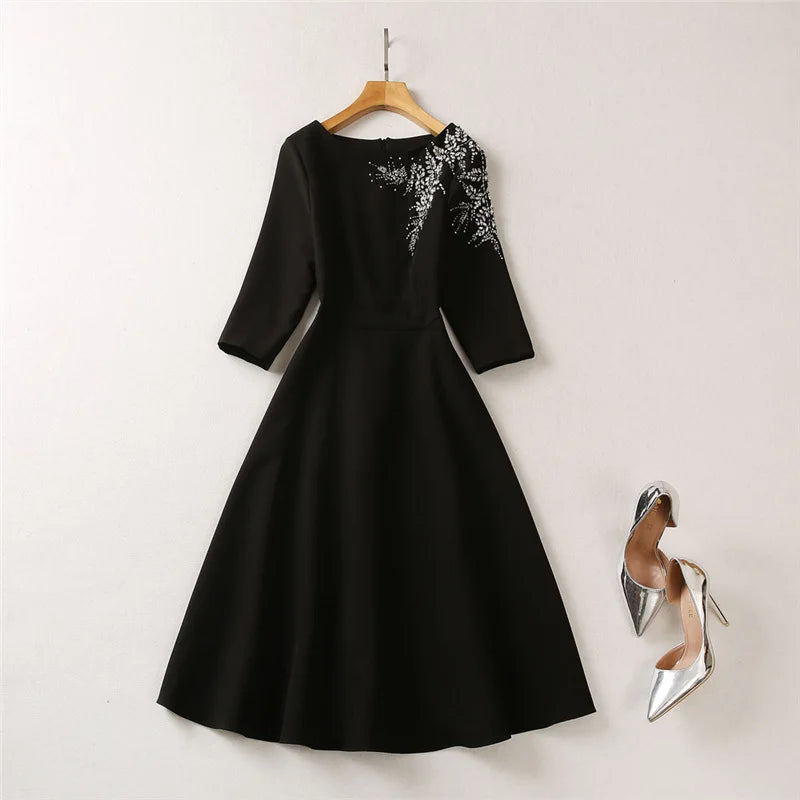 Solid Slimming Elegant Dresses for Women Slash Neck Half Sleeves Patchwork Bead Temperament Dress Female Clothing BLACK