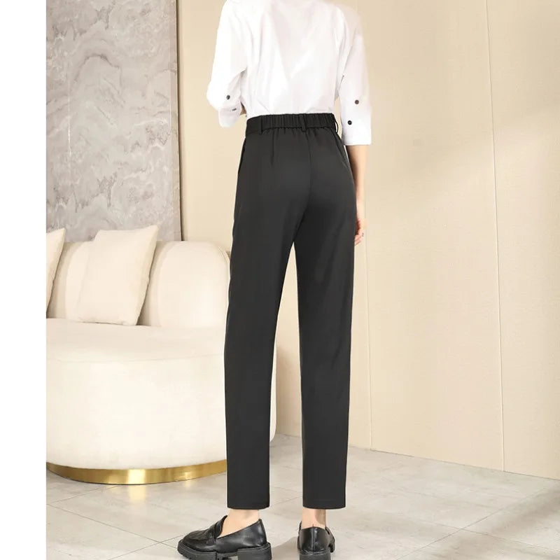Women's Summer New Solid Fashion Thin High Waist Casual Straight Loose Button Pocket Ruched Suit Harlan Small Feet Pants