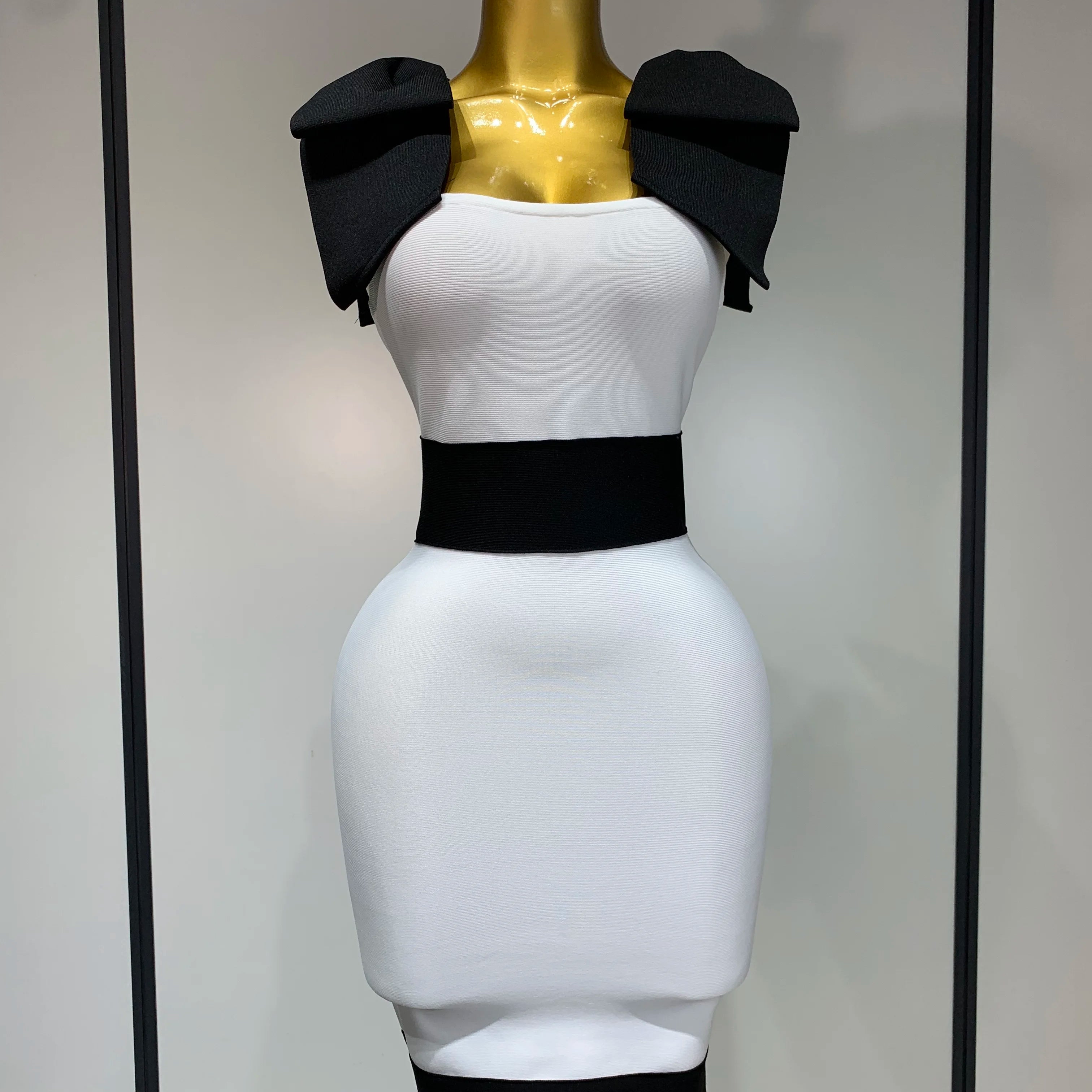 Women Sexy Bow Tie Black White Patchwork Bodycon Bandage Dress 2025 Celebrity Elegant Evening Club Party Birthday Dresses WHITE