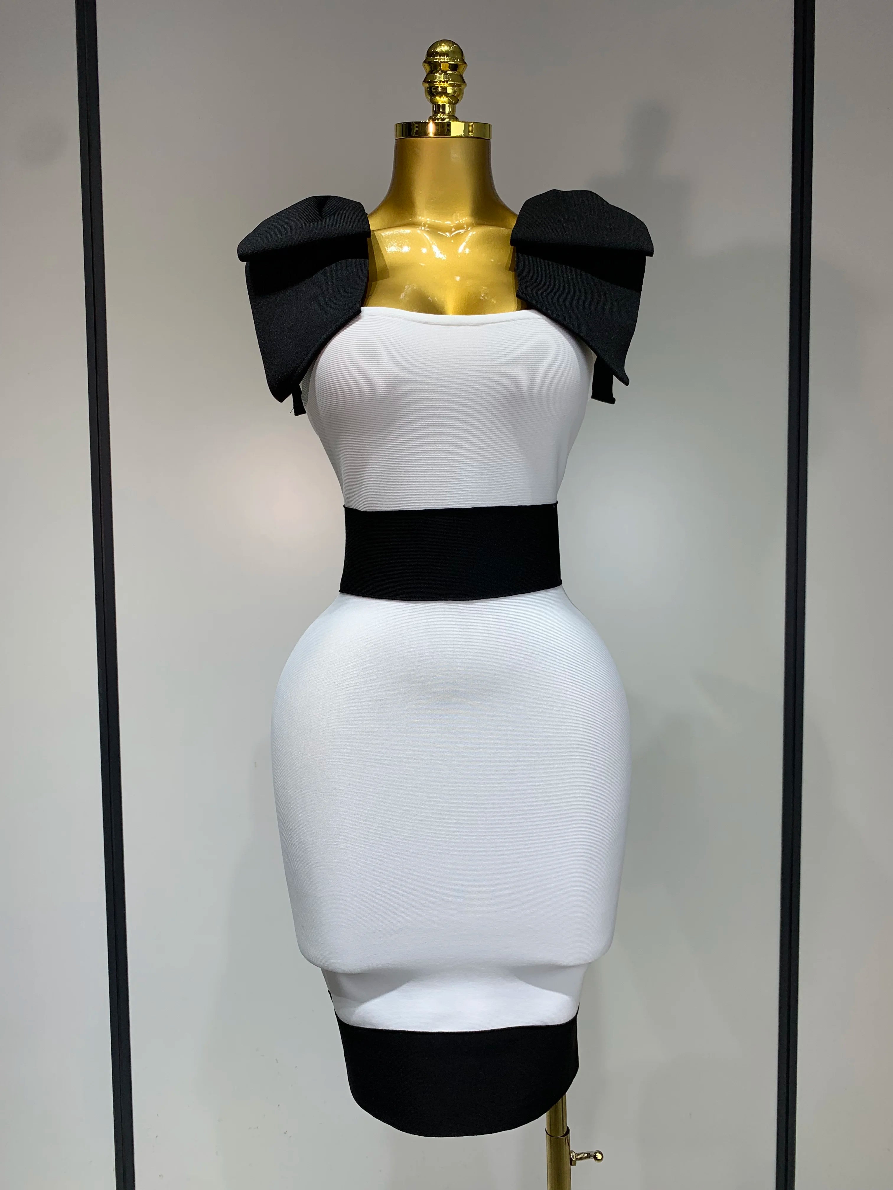 Women Sexy Bow Tie Black White Patchwork Bodycon Bandage Dress 2025 Celebrity Elegant Evening Club Party Birthday Dresses WHITE
