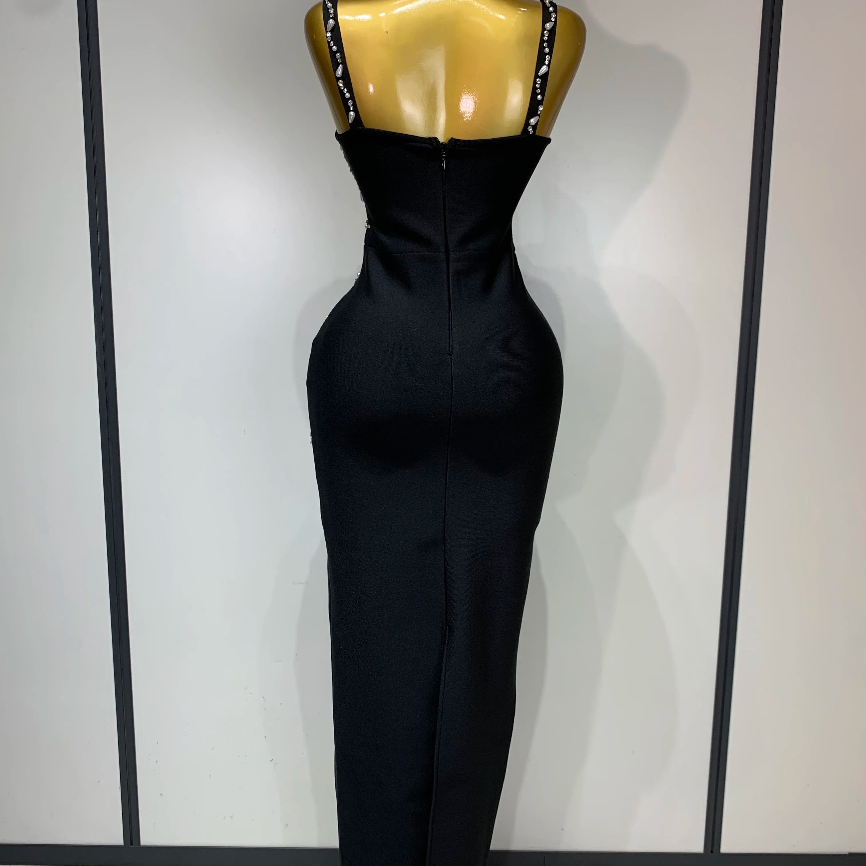 Women Sexy V Neck Black Beading Maxi Long Bodycon Bandage Dress 2025 Celebrity Elegant Evening Club Party Luxury Birthday Dress