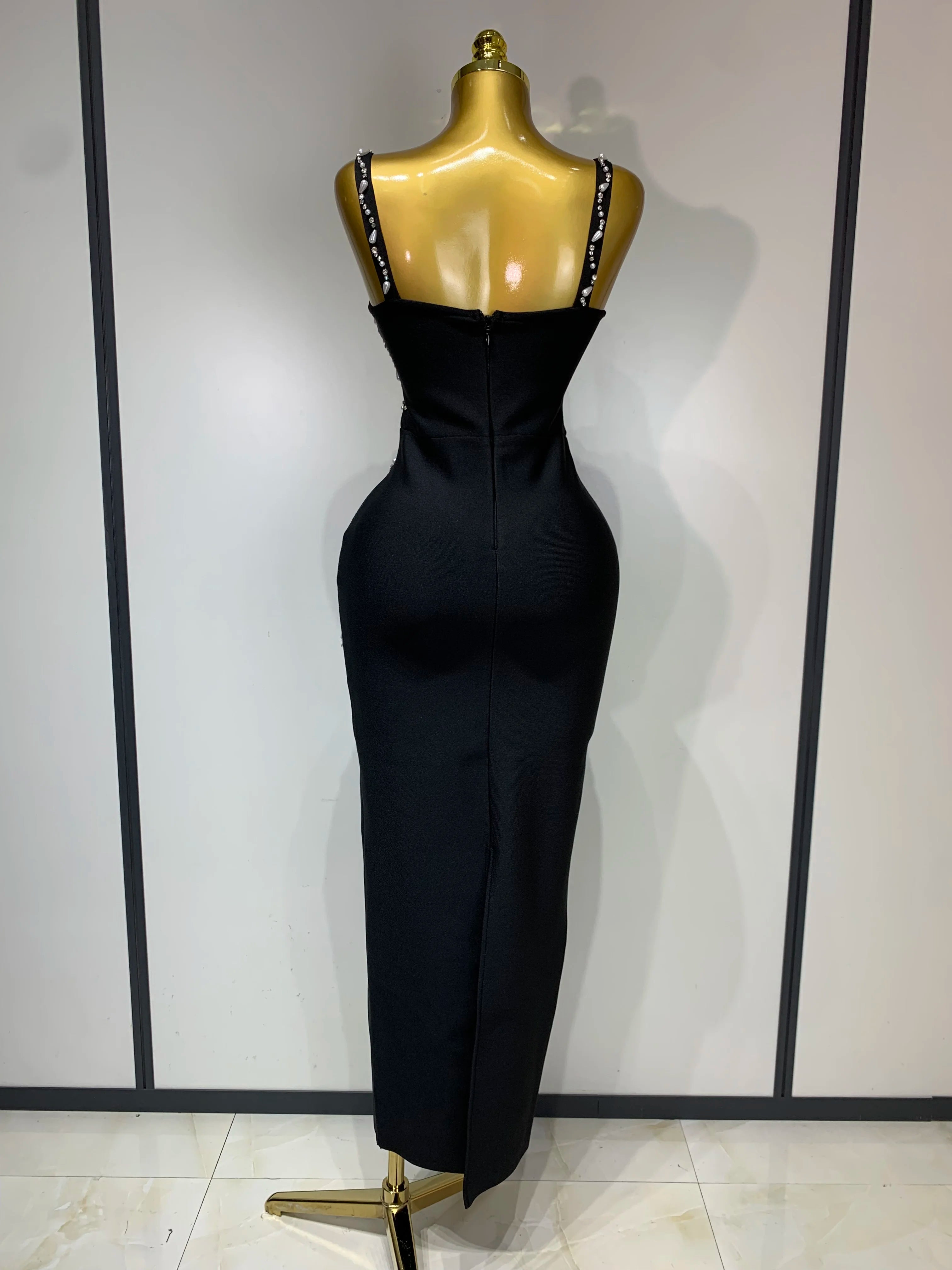 Women Sexy V Neck Black Beading Maxi Long Bodycon Bandage Dress 2025 Celebrity Elegant Evening Club Party Luxury Birthday Dress