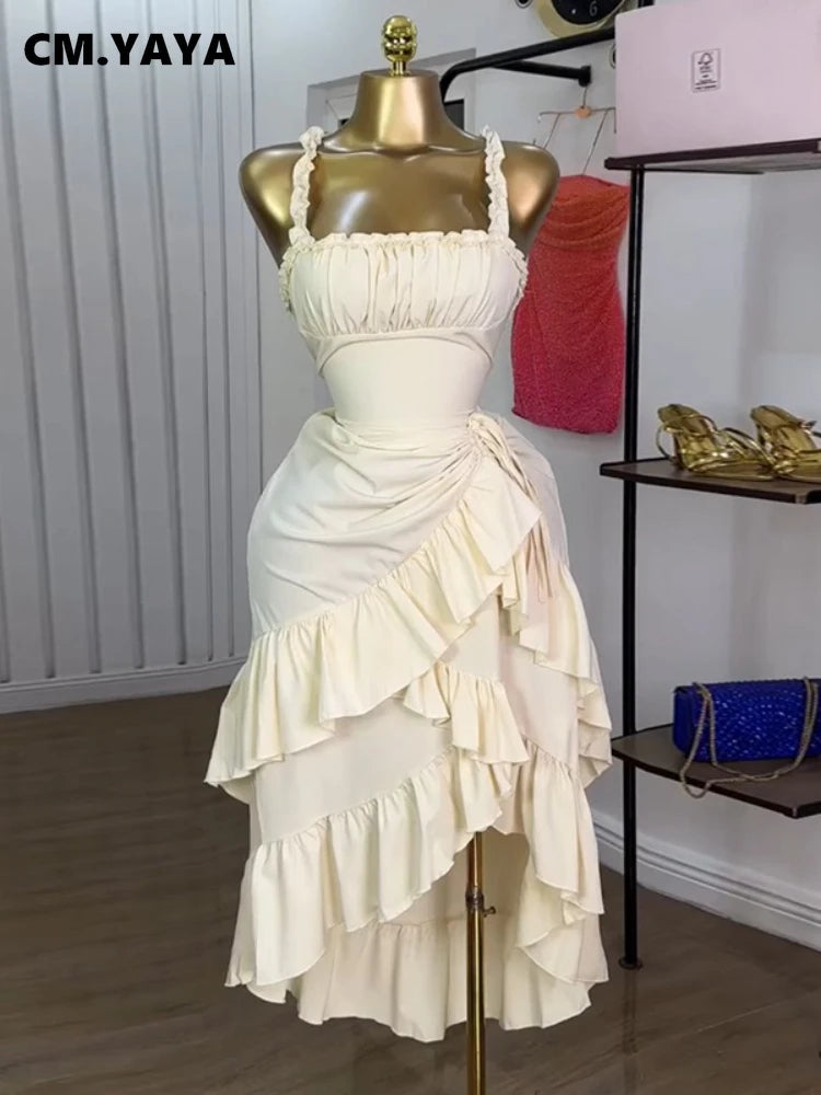 Women Strap Slash Neck Cascading Ruffles Drawstring Ruched Up Long Maxi Dress 2025 Birthday Evening Sexy Dresses Vestido