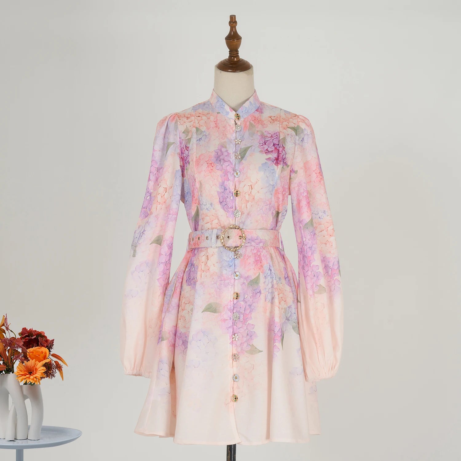 Real Shot In Stock European and American Vacation Style Long Sleeve Printed Short Dress Elegant Socialite Dress Picture Color