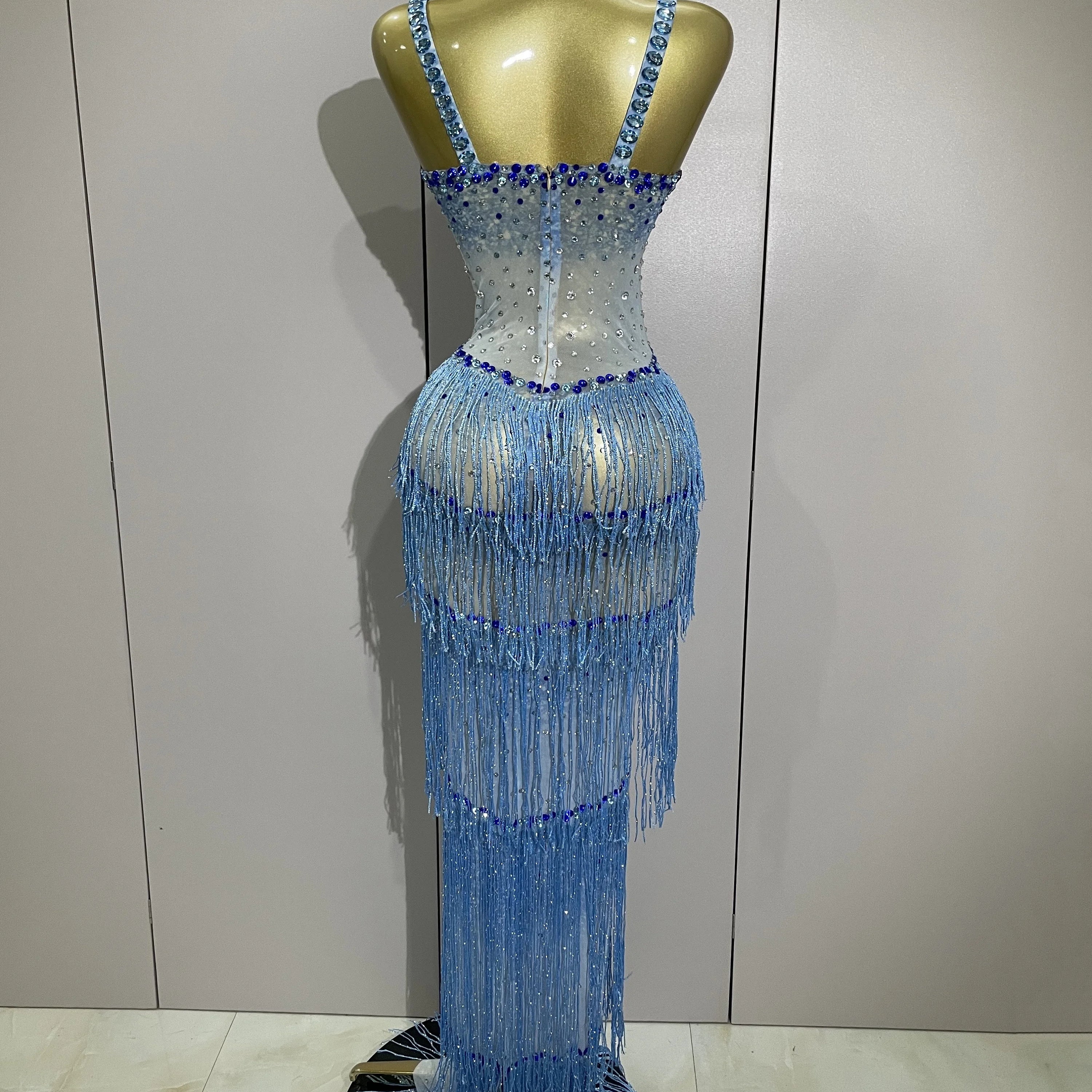 2025 Sparkly Rhinestones Tassel sexy Mesh Slip Long Dress Women Celebrate Evening Prom Birthday paty Dress Photoshoot Stage Wear