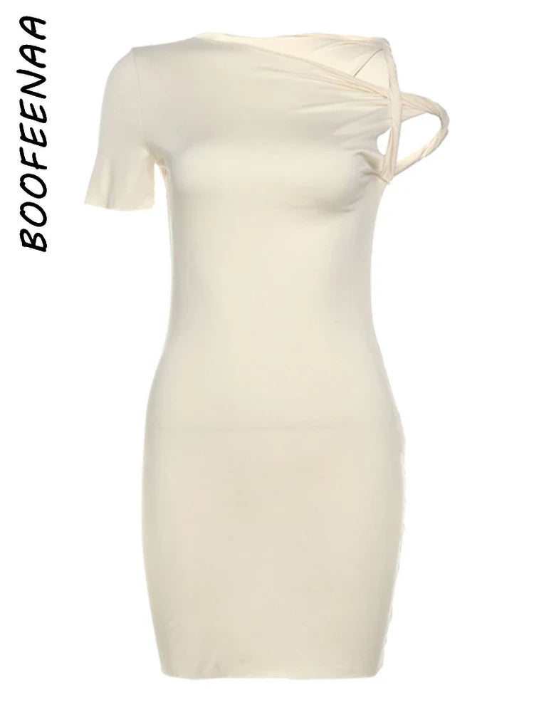 BOOFEENAA Asymmetrical Twist One Shoulder Mini Dress Kylie Jenner Outfits Womens Summer Dresses Fashion Clothing C96-AG19