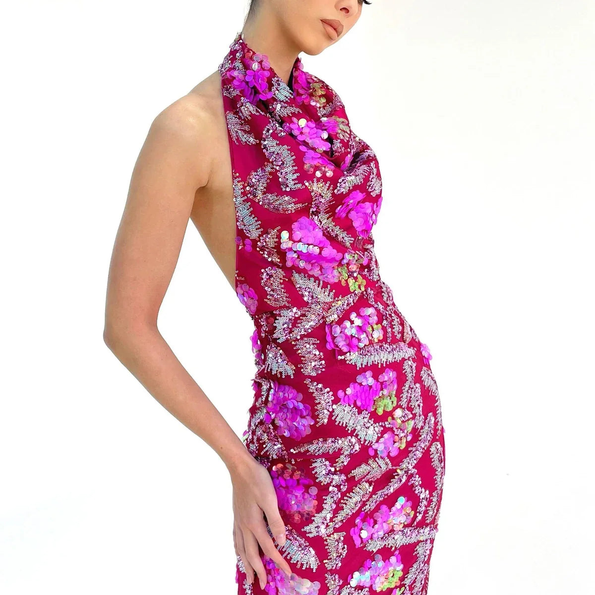 Women Sexy Halter Off the Shoulder Shinning Sequins Embroidery Bodycon Mid-calf Dress Elegant Evening Party Dress