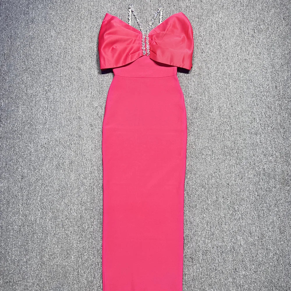 2025 New Fashion Rosered Color Women Sexy Off the Shoulder Bodycon Long Bandage Dress Nightclub Party Celebrate Dress