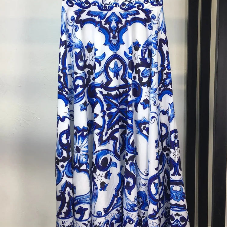 Summer Holiday Blue And White Porcelain Two Piece Set Women's Spaghetti Strap Padded Cup Zipper Print Short Top+Long Skirt Suits