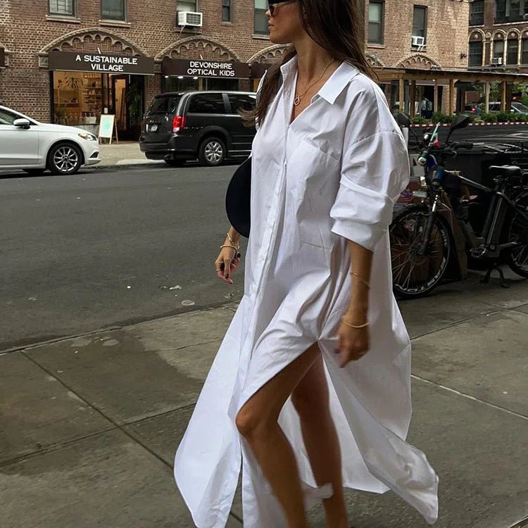 Casual Split Long Sleeved Maxi Dress For Women Elegant Lapel Single Breasted White Dresses Chic Lady High Streetwear Robes