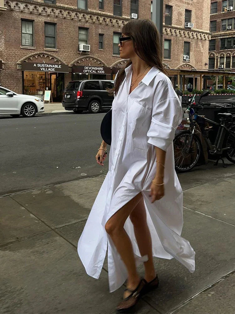 Casual Split Long Sleeved Maxi Dress For Women Elegant Lapel Single Breasted White Dresses Chic Lady High Streetwear Robes