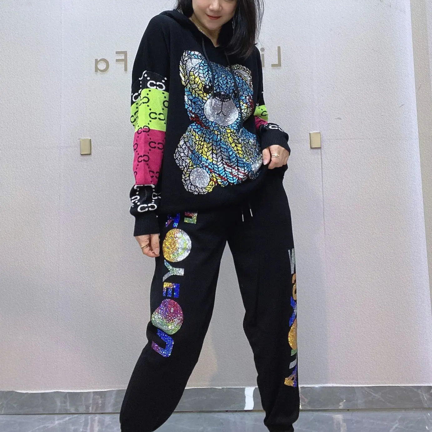 Colorful Bear Diamonds 2 Piece Sets Womens Outfits Letter Print Casual Tracksuit Women Autumn Loose Hooded Sweater Joggers Femme