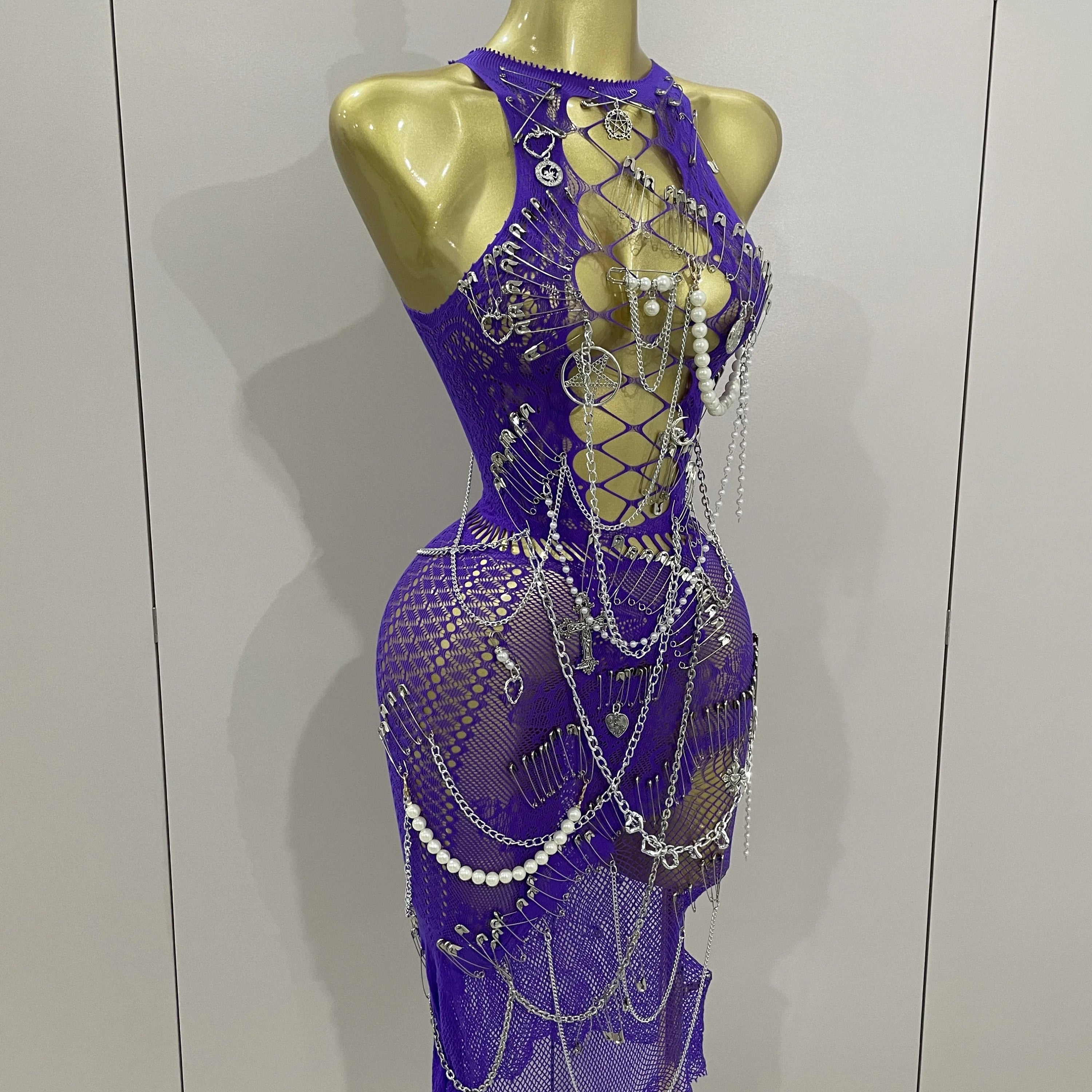 Sexy Black See-Through Pin Decoration Chain Beading Short Dress 2025 Women Birthday Evening Party Nightclub Performance Costume