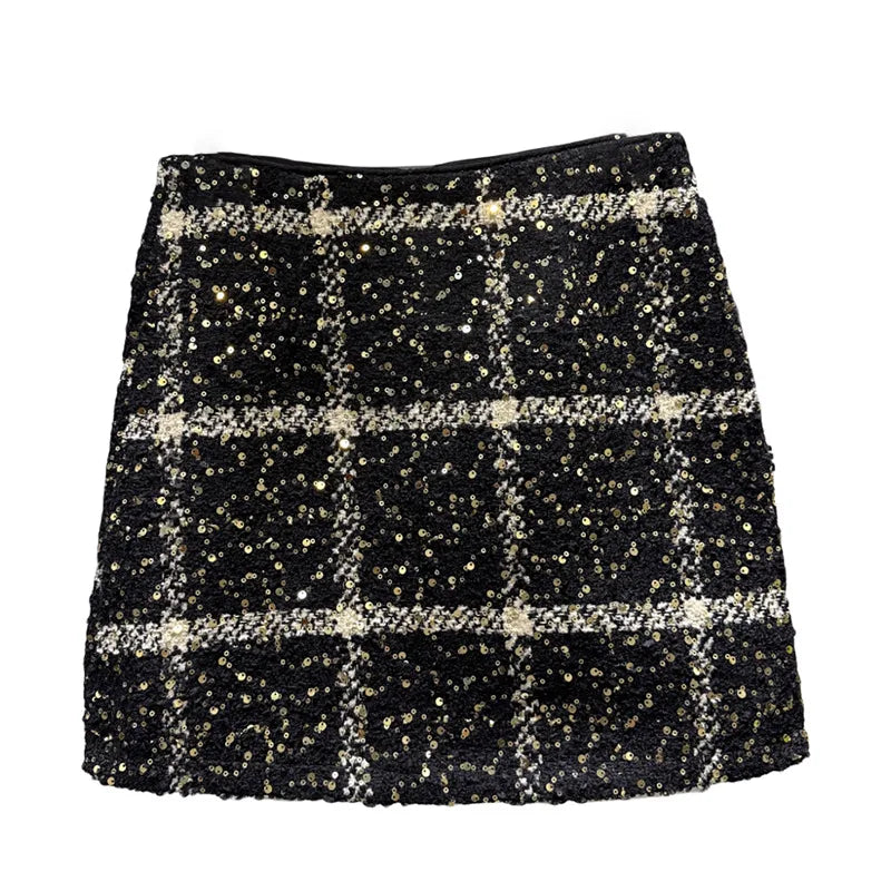 Winter New Fashion Sequin Woven Tweed Plaid A-line Skirt For Women Wrapped Hip A-line Short Skirts Female 11A07960