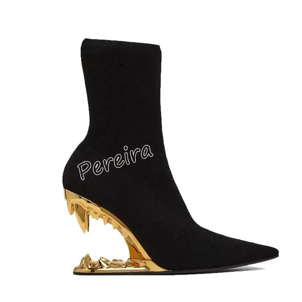 Black Tooth Shaped Heels Elastic Short Boots Pointed Toe Patent Leather Botas 2025 Solid Fashion Elegant Party Office Lady Shoes BLACK