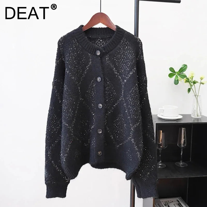 Autumn Winter New Sequin Design Round Neck Knitted Cardigan For Women Loose Casual Sweater Coat Female 11A07625