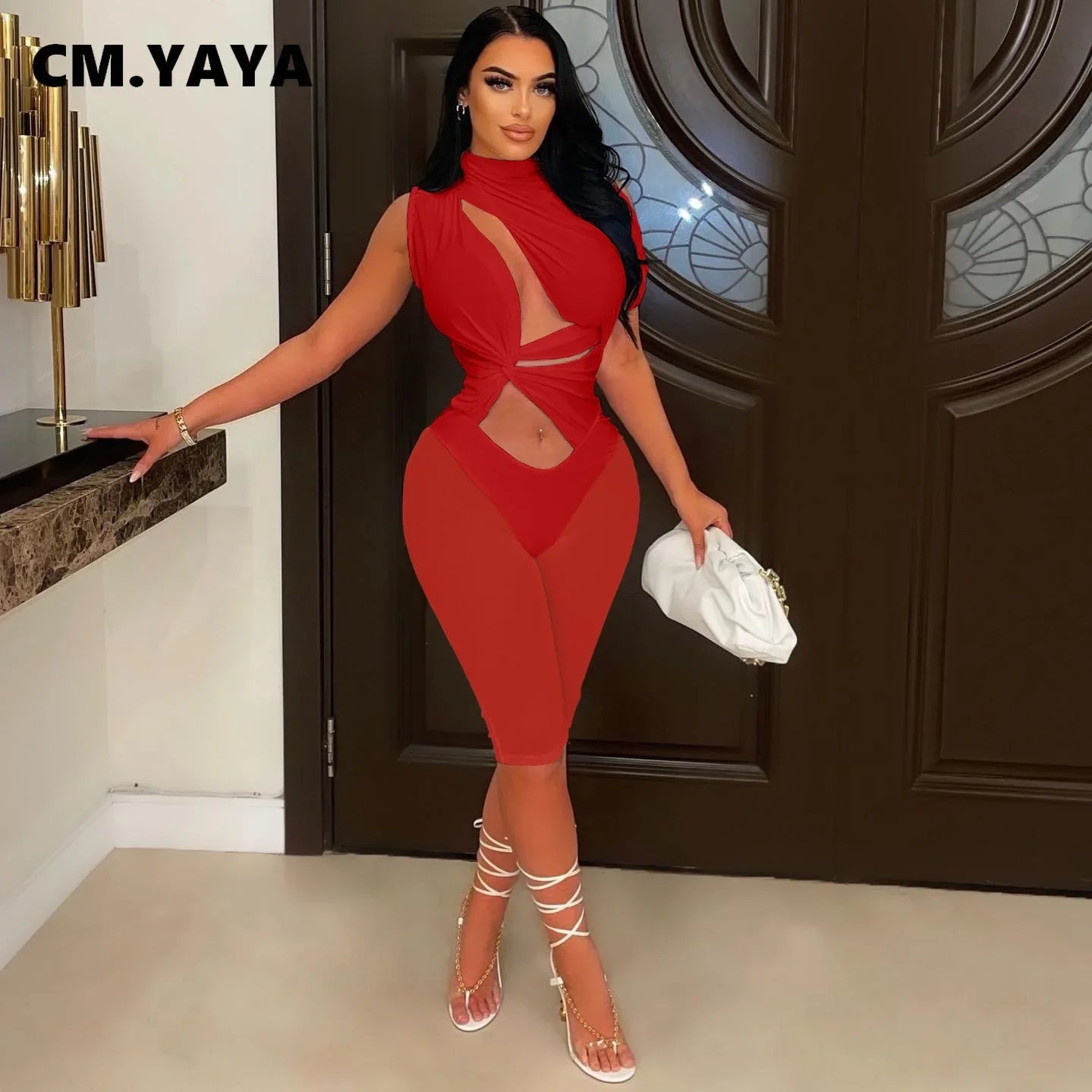 CMYAYA Women 2022 Sexy Party Playsuit Cut Out Mesh Patchwork Tie Waist Stretch Knee Length Jumpsuit Oversized One Piece Set Red